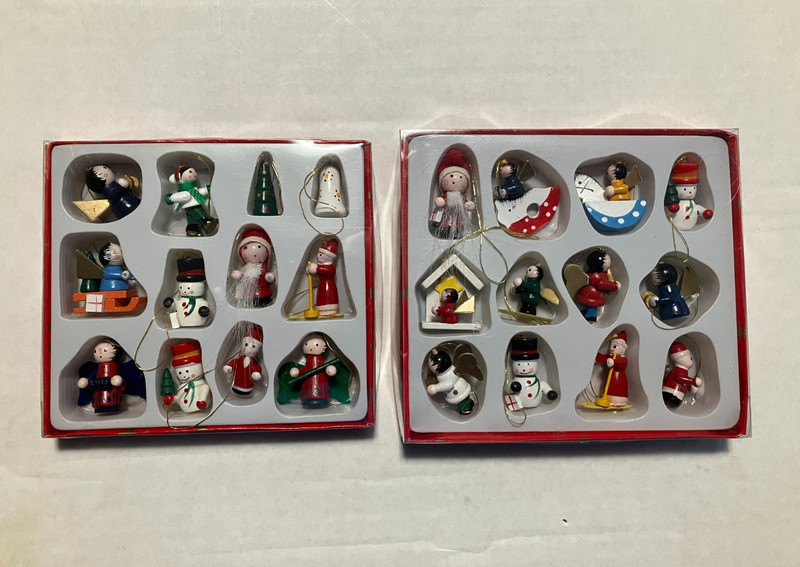 Vintage Miniature Wooden Christmas 24 Tree Ornaments in 2 original boxes