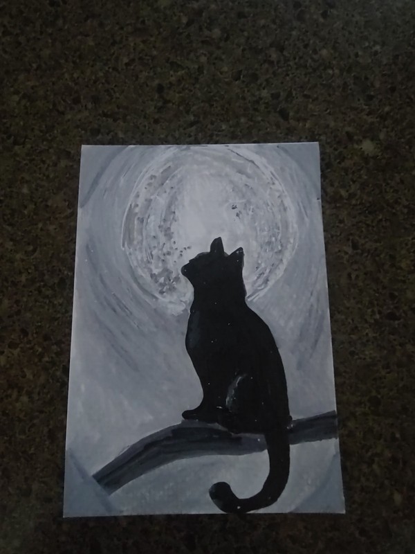 Aceo Original Painting Black Cat Silhouette