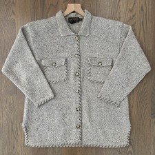 Vintage 90s Eddie Bauer Whipstitch Wool Collared Cardigan Sweater Jacket Grey S