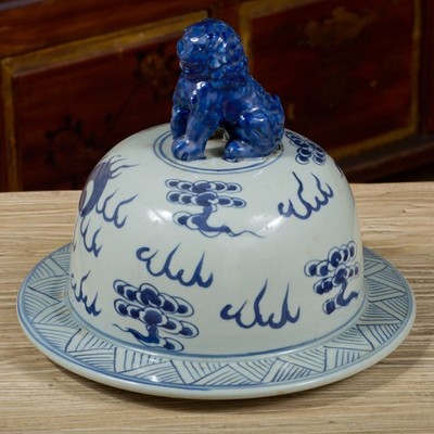 US Seller - Blue and White Foo Dog Chinese Porcelain Jar Lid - SOLD AS IS