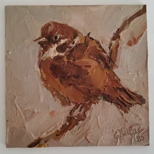 Sparrow Painting Original Oil Art Birds Landscape Modern Small Wall Artwork