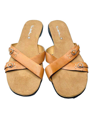 Thom McAn Leather Sandals size 8.5 Tan Brown Criss Cross Wedge Buckle Detail 