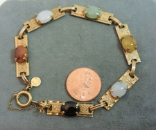 Vintage Ronci 12k Gf Rosso Nero Verde Oro Bianco Giada Cabochon 7.5 " Bracelet