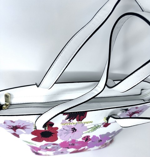 NWOT Adrienne Vittadini Purse Tote Bag Vegan Leather White Poppy Garden Floral - 第 3/19 張圖片