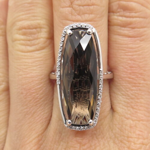 925 Sterling Silver Real Smoky Quartz & White Topaz Ring Size 7