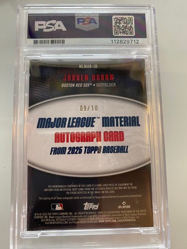 2025 TOPPS MAJOR LEAGUE MATERIAL AUTO JARREN DURAN BLACK /10 RED SOX PSA 8 POP 1 - Picture 2 of 2