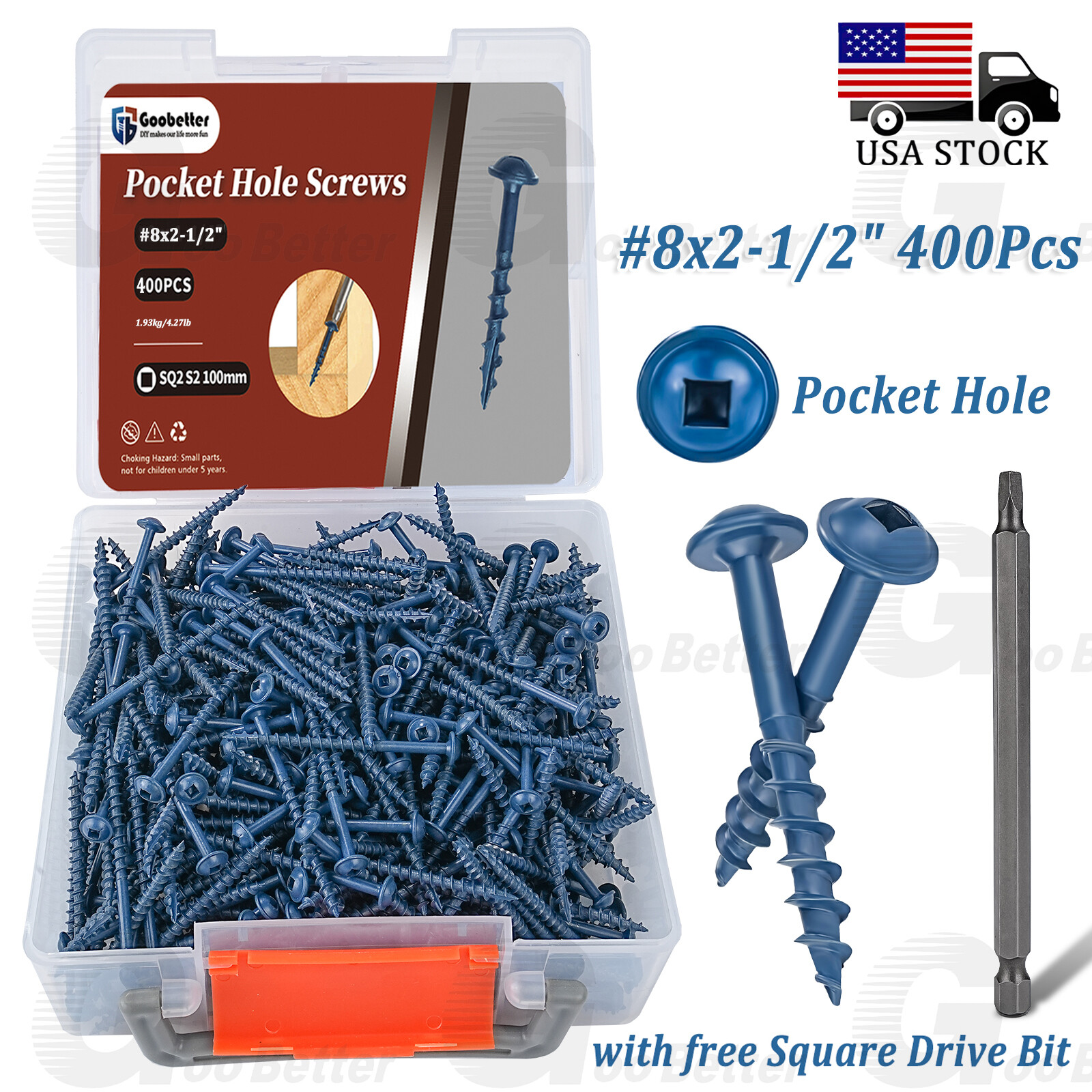 400pcs Combo Drive Washer Head #8 x 2-1/2" Pocket Hole Type 17 Coarse Wood Screw