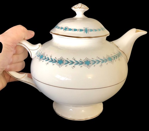 Coalport GENF "ATHEN" Teekanne Vintage Bone China Aqua Blau Blattgirlande 1940er - Bild 2 von 14