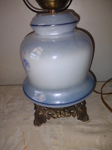 Vintage Blue Floral Glass Hurricane Brass Lamp Electric BASE and Crown ONLY 14" - Picture 14 of 18