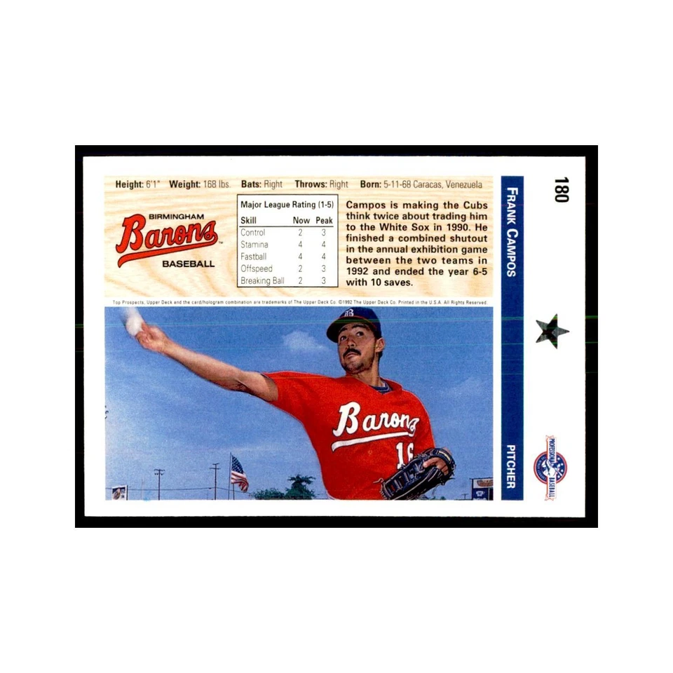 Frank Campos 1992 Upper Deck Minor League #180 Baseball Cards Baseball Card NM - Image 2 of 3