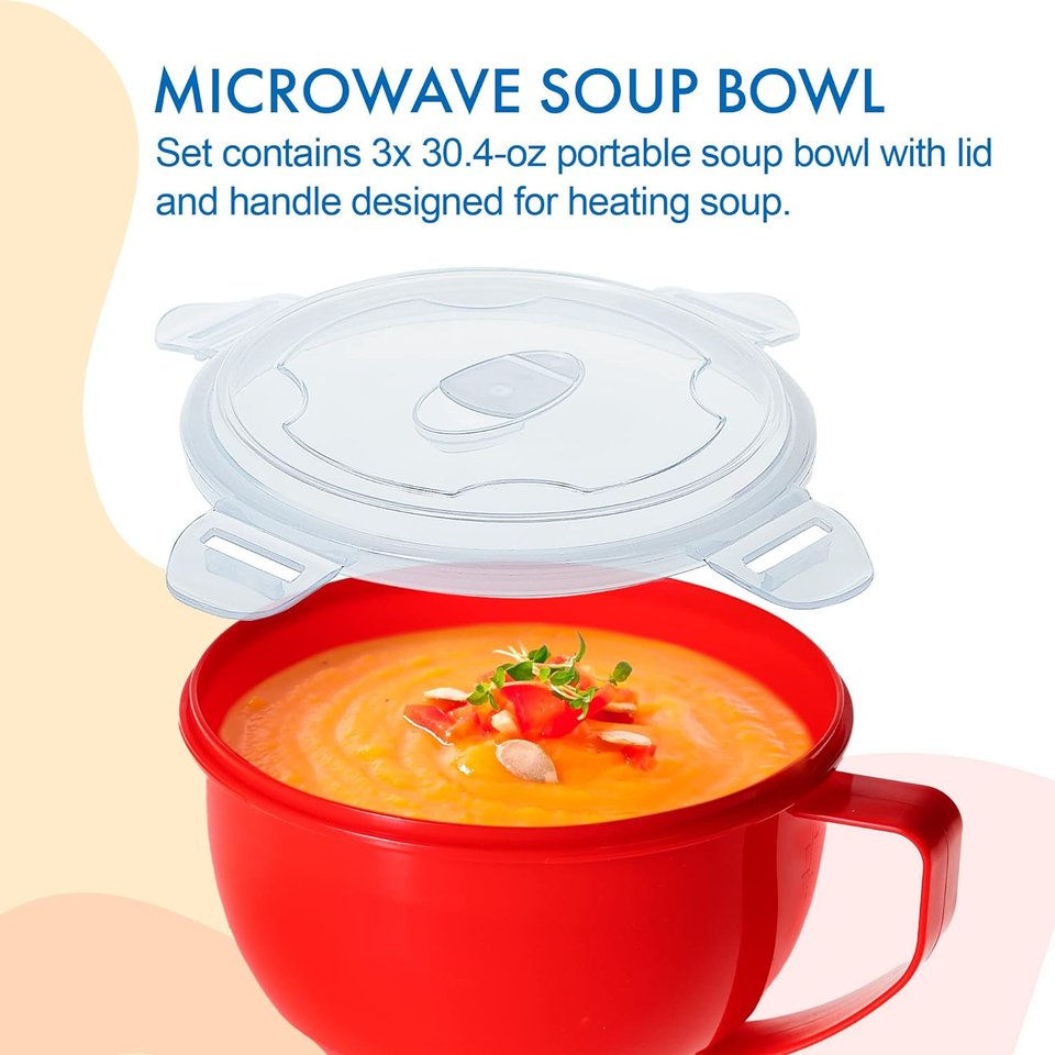 Microwave Bowl with Lid, 3Pack Microwave Soup Bowl with Lid, Noodle