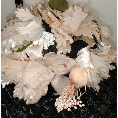 Vintage 50s Lg Black Straw Floral Platter Hat Pink White Mid Century 20.5 inches - Picture 3 of 10