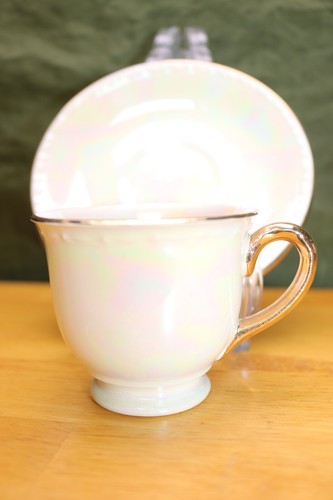 Homer Laughlin guscio d'uovo georgiano Demitasse tazza piattino lustro bordo oro perline - Foto 3 di 4
