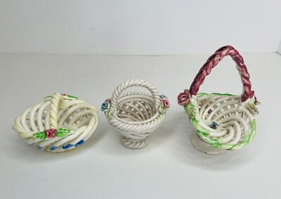 3 Ceramic Small Baskets Woven Hand Painted Flowers 1-Spain Twisted Handles