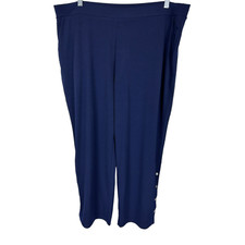 Susan Graver Petite Liquid Knit Straight Leg Pants with Snaps Navy Blue PXL Size