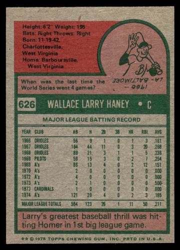 Topps Mini Larry Haney Oakland 1975 atletismo #626 - Imagen 2 de 2