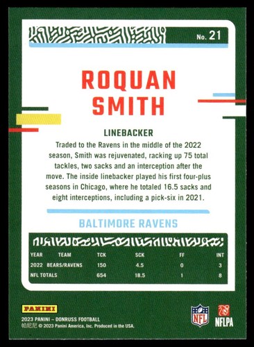 2023 Donruss Press Proof Blue Roquan Smith Baltimore Ravens #21 - Bild 2 von 2