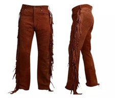 Men American Western Cowboy Suede Leather Pants With Fully Leg Fringe Work