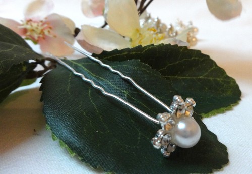 SILBER STRASS BLUMEN HAARNADEL PERLE weiß HAARNADELN BRAUT HOCHZEIT HAARSCHMUCK - Bild 5 von 12