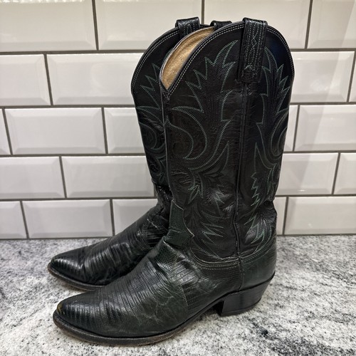 Dan Post Western Lizard Skin Boots Black Green Scroll Design Women 10 Men 8D - Picture 3 of 8