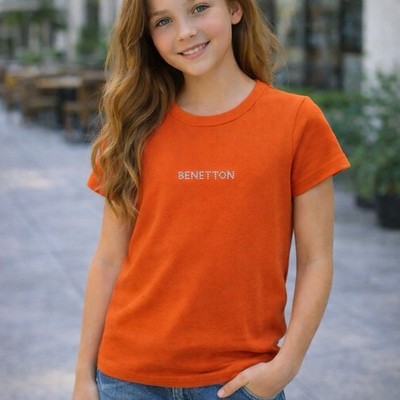VTG Girls Benetton T-Shirt Size Small Orange Rhinestone Logo Spell Out Tee