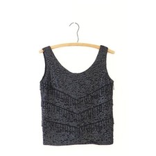 Vintage Hand Full Fashioned Black Sequined Beaded Fringe Sleeveless Top sz S