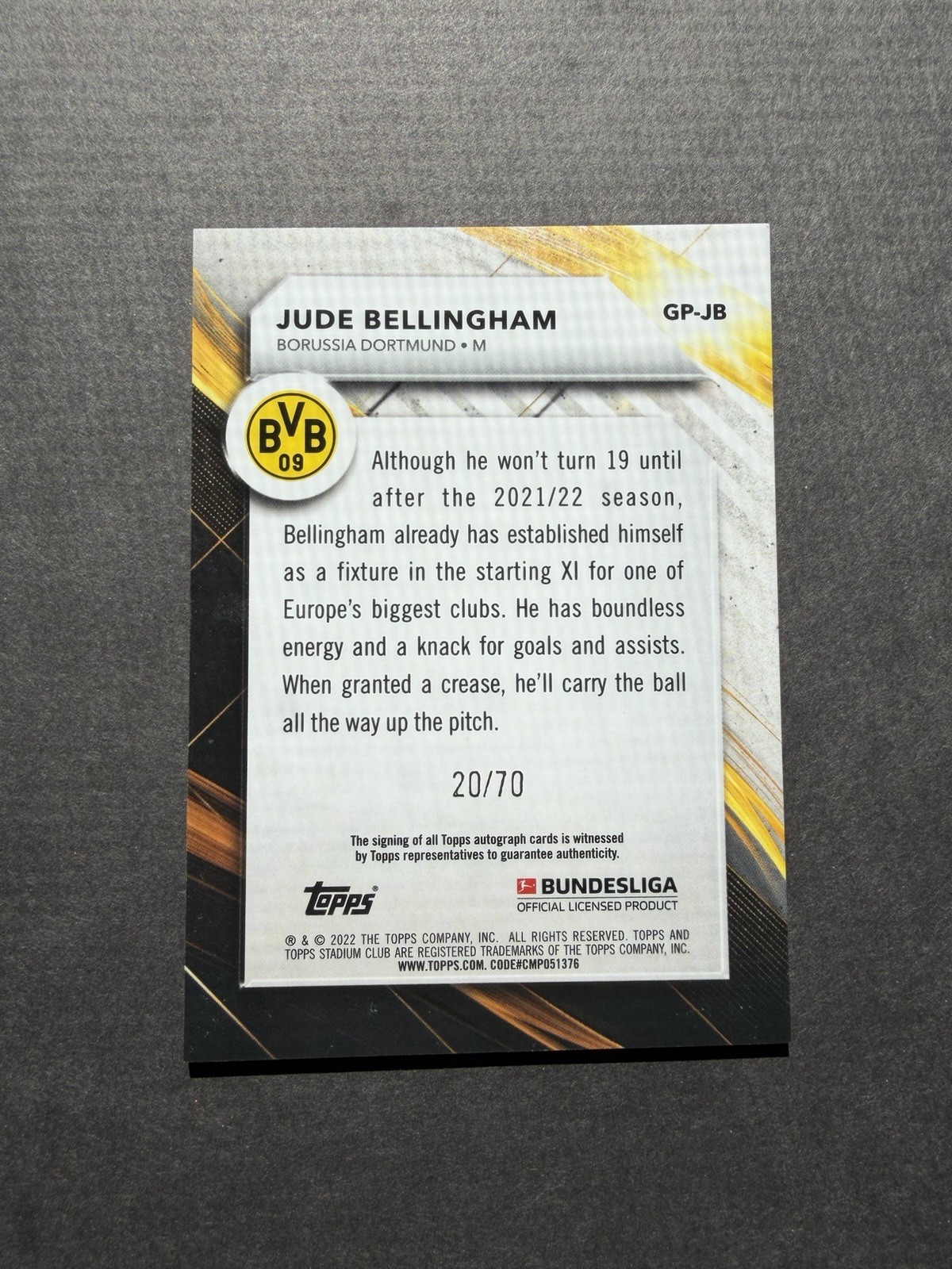 2021-22 Stadium Club Chrome Jude Bellingham Golden Promises Auto #20/70 Dortmund view 2