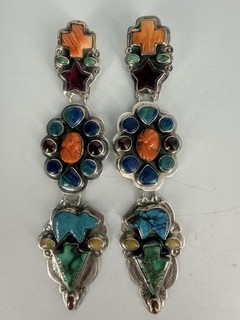 OSCAR BETZ PATASI NAVAJO Sterling Coral Turquoise Garnet 4.5”Dangle Earrings