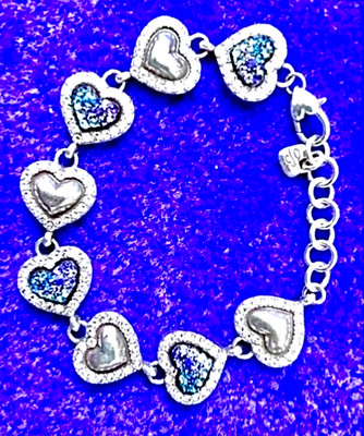 BRIGHTON SURRENDER PURPLE+BLUE SWAROVSKI CRYST HEART SLVR LINK BRACELET LN VTG