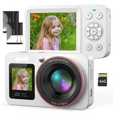 18X Digital Zoom Camera 4K FHD Compact Camera Digital Camera 64GB SD Card White