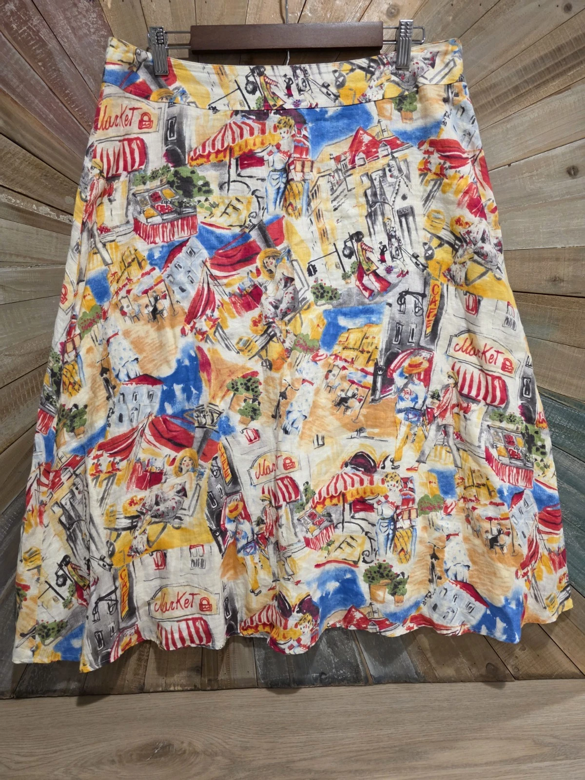 Liz Claiborne Size 12 French Cafe Street Scene Print Chic Linen ALine Midi Skirt