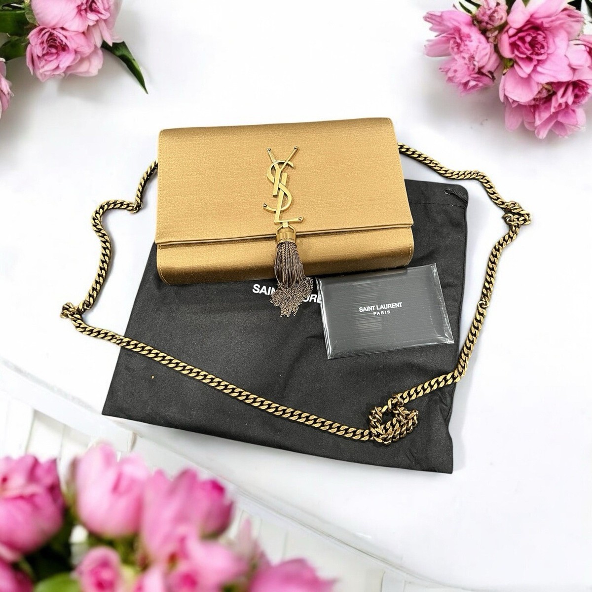 【SAINT LAURENT】KATE SMALL TASSEL SHOULDER BAG YSL Saint Laurent Kate Small Tassel Satin Crossbody Sahara