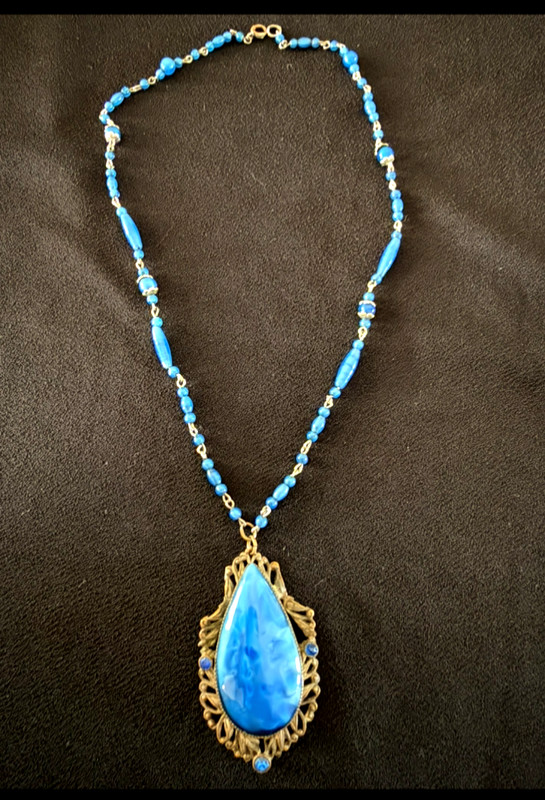 1920s Art Deco Marked Czech Large Lapis Blue Glass Filigree Beaded Necklace