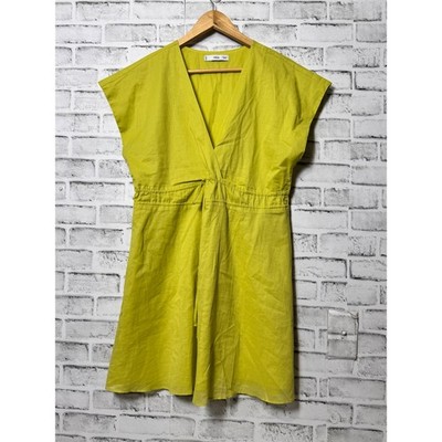 Mango MNG Lime Green Cotton Drawstring Wrap Mini Dress Womens Medium 47038636
