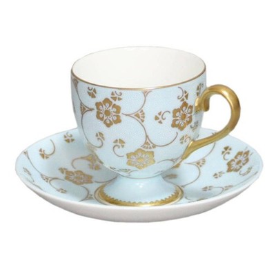 Kutani Ware Coffee Cup Saucer Blue Gold Flower Japan 7.7cm (3in)