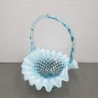 VTG Fenton Blue Opalescent Hobnail 4" Glass Basket Bamboo Handle