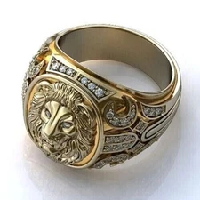 2Ct Round Cut Real Moissanite Lion Men's Engagement Ring 14K Yellow Gold Plated