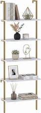 Ladder Shelf White Marble Bookshelf 5-Tier Wall-Mounted Wood Rack Industrial