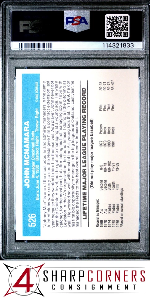 1982 DONRUSS #526 JOHN McNAMARA REDS PSA 10 - Image 2 of 2