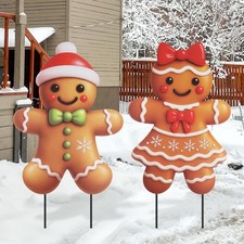 2 Pcs Metal Gingerbread Christmas Decorations Yard Sign Yard Stakes Outdoor G...
