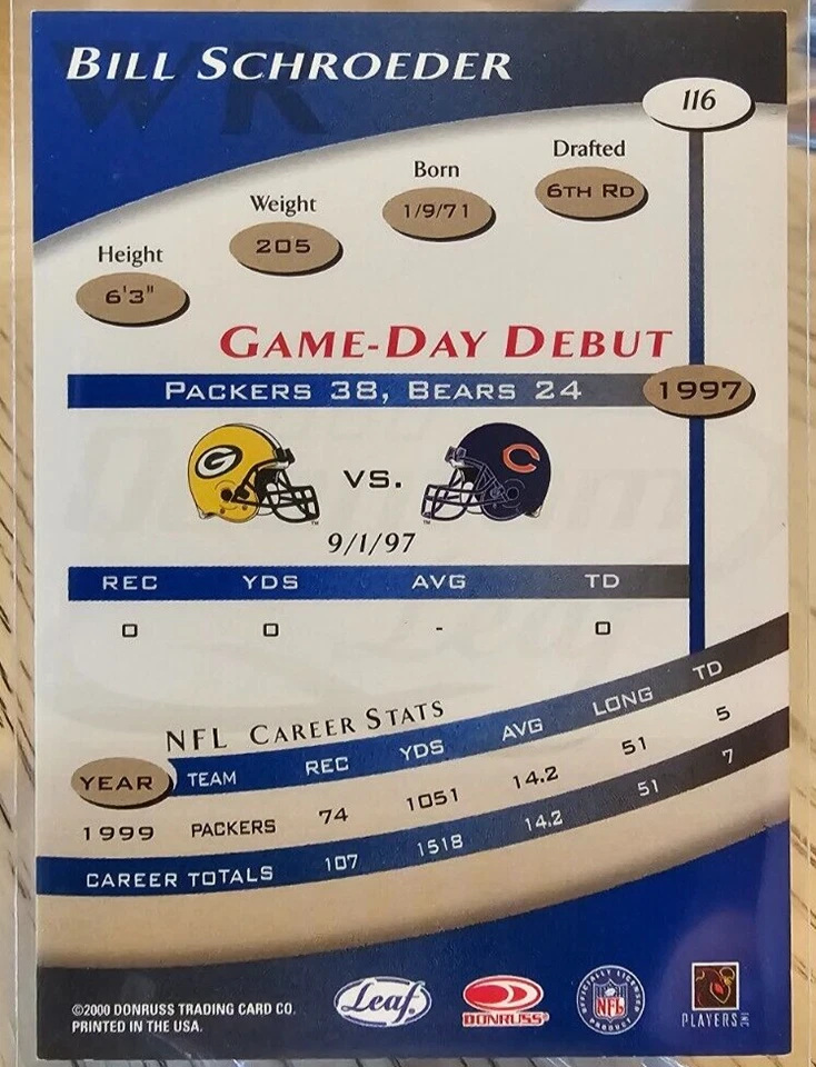 2000 Quantum Leaf Bill Schroeder #116 Green Bay Packers - Image 2 of 2