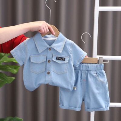2pcs Kids Kindergarten Boys Summer Clothing enim Fabric Blouse Shirt Shorts