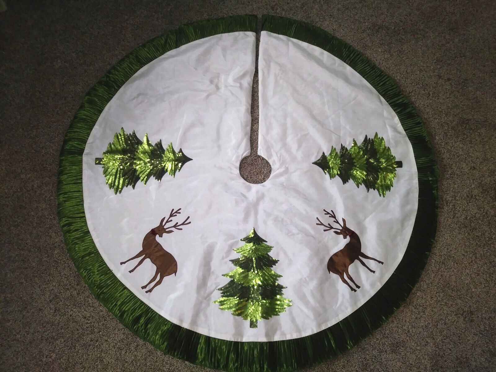 Beautiful White & Green Satin Sequined Christmas Tree Reindeer w/Bells 50