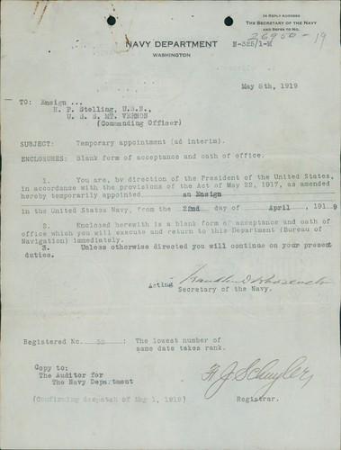 Franklin D. Roosevelt lettera firmata dattiloscritta 1919 Dipartimento Marina autenticata JSA - Foto 1 di 2