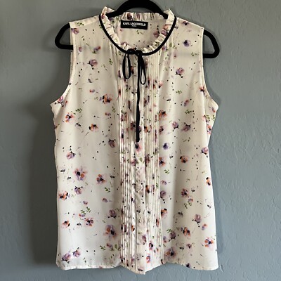 Karl Lagerfeld Women's Sleeveless Floral Blouse Button Down Tie Neck Polyester