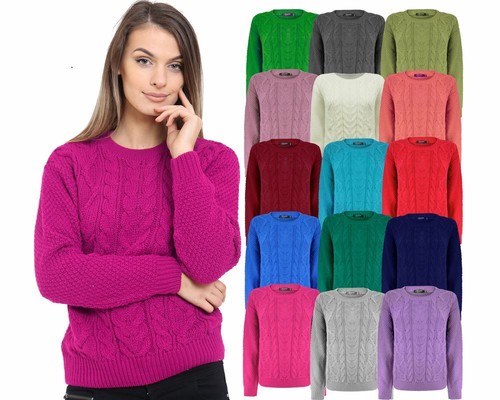 Ladies Women Knitted Crew Neck Long Sleeve Cable Knit Jumper Chunky Sweater Top - Picture 1 of 34