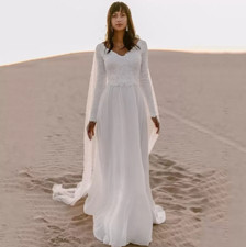 Simple Chiffon Wedding Dress Custom Backless Long Sleeves V Neck A Line