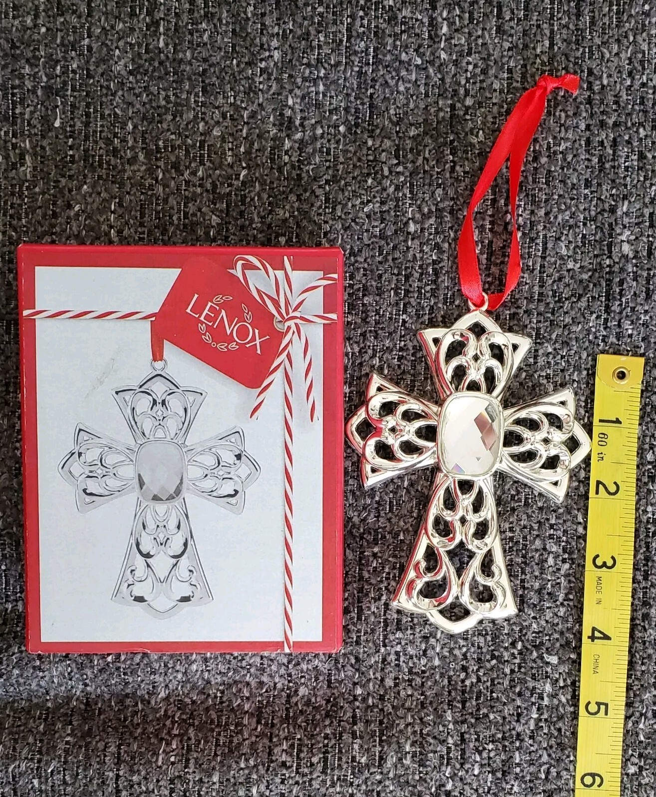 Lenox Gem Cross Ornament in Silver Tone with Clear Stone Design