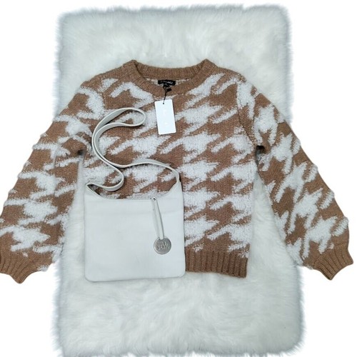NWT Line & Dot Houndstooth Super Soft Quiet Luxury Pullover Knit Brown XS/S - Picture 2 of 12
