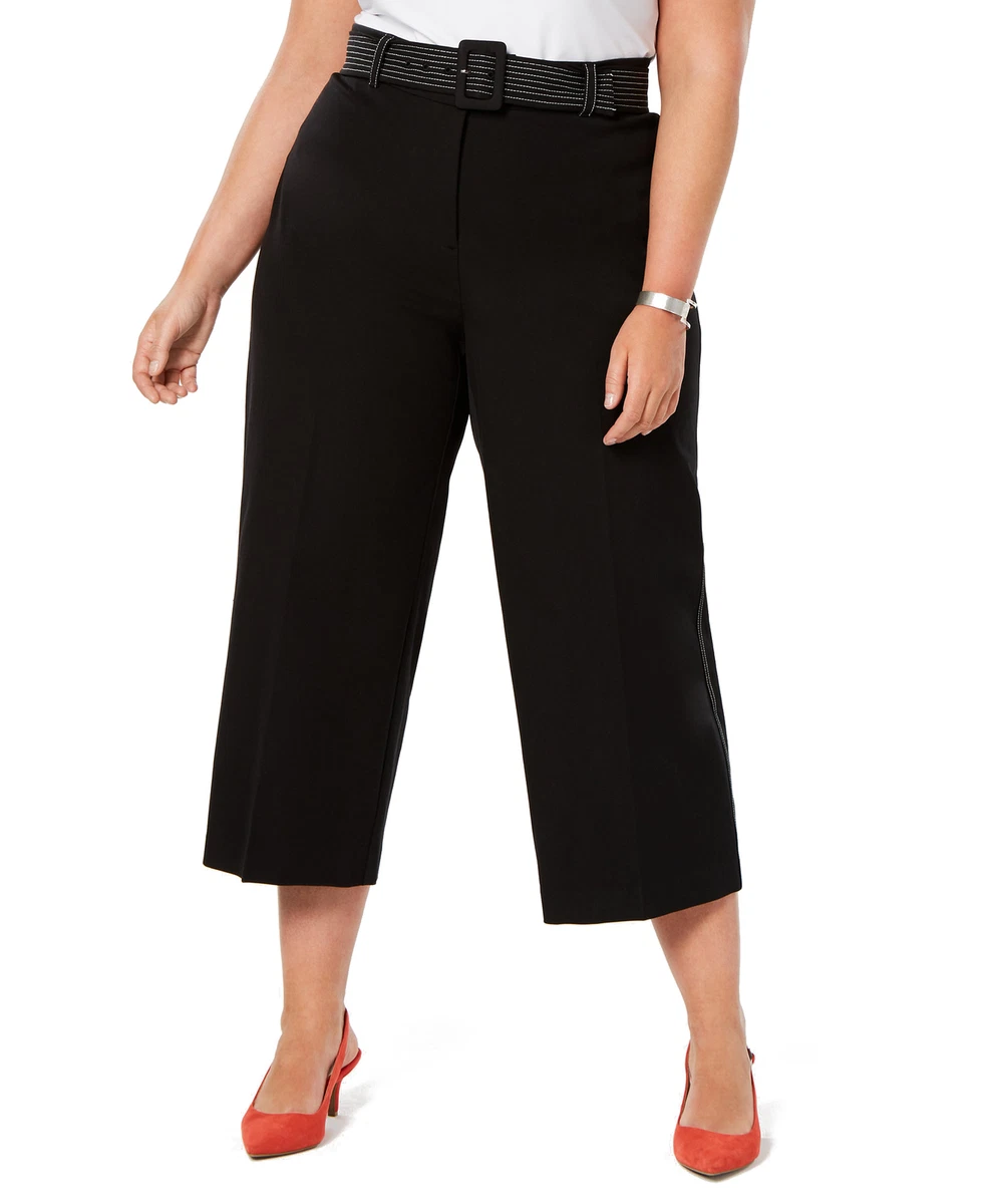 Alfani Womens Plus Belted Wide-Leg Cropped Tummy-Control Pants